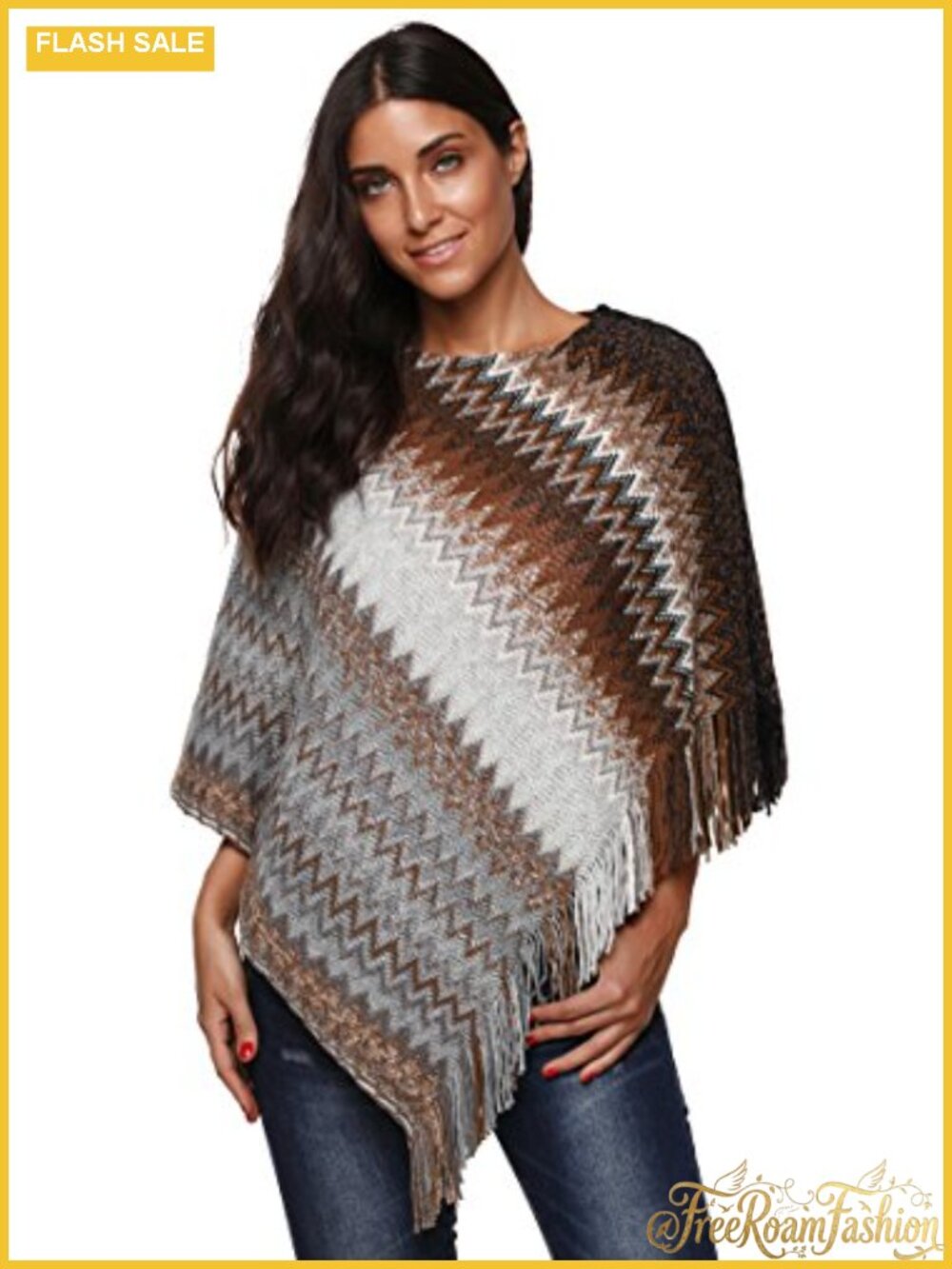 Womens Zig-Zag Knit Tassel Fringed Pullover Poncho Sweater Cape Shawl Wrap